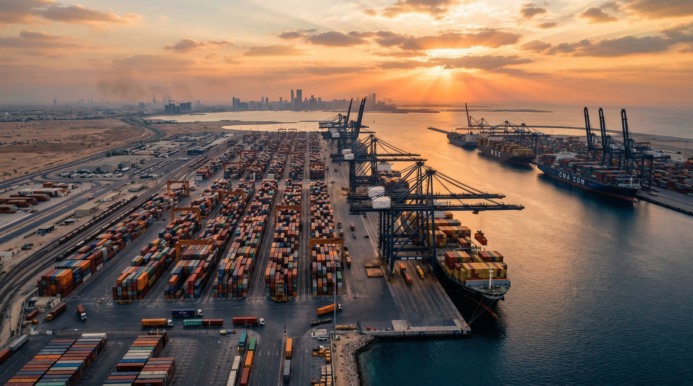 International cargo port at sunset — GET Global Exclusive Trading